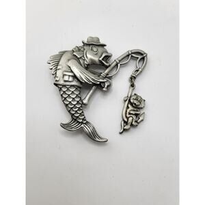 Vintage JJ Fish Brooch Cat Charm Dangle Pewter Figural Pin